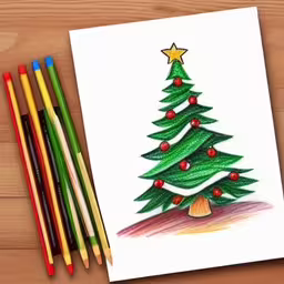 an image of a christmas tree drawing,a drawing of a green christmas tree next to colored crayons,some pencils next to some christmas trees,an image of a drawing with color pencils,some colored pencils are next to a drawing of a christmas tree