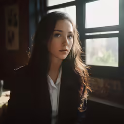 a close up of a woman near a window
