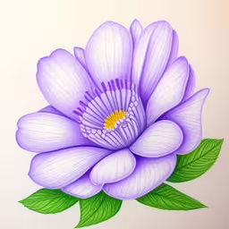 a painting shows an artistic blue flower,colored drawing of a flower on a white background,a drawing of a purple flower on a white paper,a painting of a flower with purple flowers and green leaves,a drawing of a purple flower on a white background