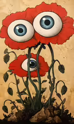 a painting on paper depicting two flowers with eyeballs on them
