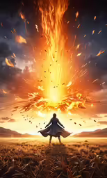 an individual is standing in front of a fiery explosion
