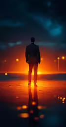 a man in business attire standing in front of the sunset