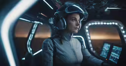 a young lady with headphones looks ahead as she talks on her tablet