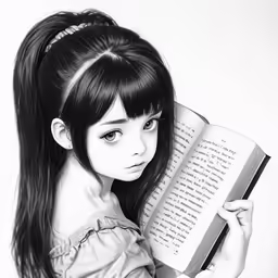 a young girl with long dark hair is reading a book