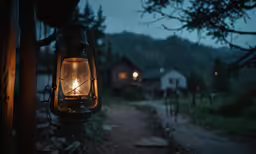 the light in this lantern glows brightly as it hangs over the road