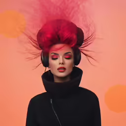 a woman with red hair in headphones