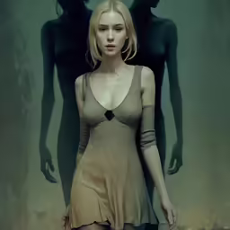 a beautiful blond model in front of a ghost wall