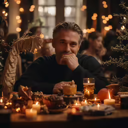 a man is sitting in front of candles and cakes
