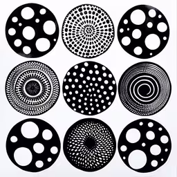 a poster that has different dots in it,black and white circles and dots on white background