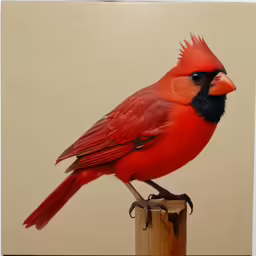 a red and black bird with feathers that are feathers, on a post