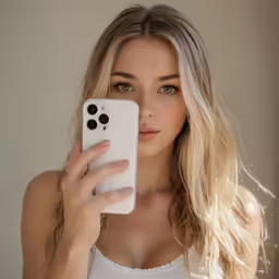 a beautiful blonde girl holding up a cell phone
