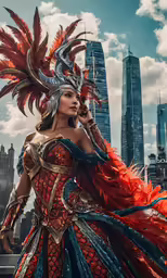 a woman dressed up in native art on a cloudy day