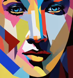 a woman with blue eyes and multicolored paint on her face,a colorful woman