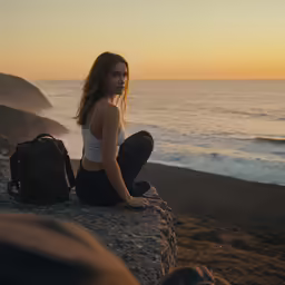 a woman with her backpack is sitting on a rock overlooking the ocean
