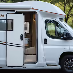 the white camper is parked on a road