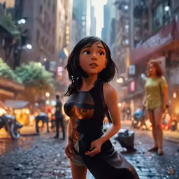 an animated character stands in the middle of the street