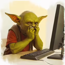 a cartoon character sitting in front of a computer screen
