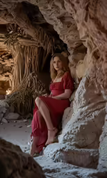 a woman sitting on the edge of a cave