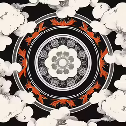 an artistic painting depicting white and black with red birds