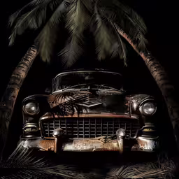 the antique car is sitting under some palm trees,a car parked under palm trees in the dark