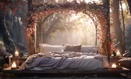 a bed with white sheets and pillows under a wooden arch