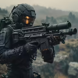 a person in full gear holds an automatic rifle