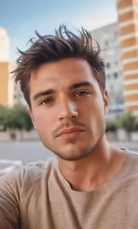 a man with a short brown hair and some buildings