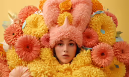 a woman is surrounded by flowers and plush toys