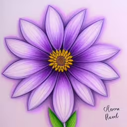 drawing a purple flower with green leaves,a picture of a blue flower on a pink background,drawing of a purple flower with yellow center,a drawing of a purple flower with two green leaves,a colored drawing of a purple flower with yellow center