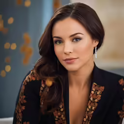 a woman in an outfit looking off to the side