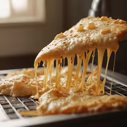 a slice of pizza is being lifted from a baking pan