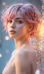 a pretty woman with pink hair poses for a photo