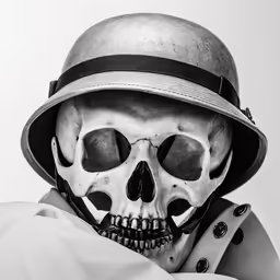 black and white photo of a skull wearing a hat
