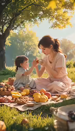 a woman sitting next to a little girl on a blanket