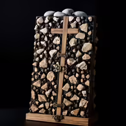 a cross made of rocks and stones on a black background