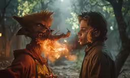 two people in a forest with fire in their faces