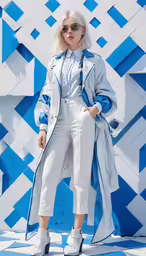 a woman is posing for a photo in front of blue and white tiles