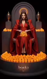 the beautiful woman in red sits on a throne surrounded by fruit