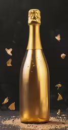 a bottle of champagne with flying golden confetti around it