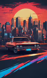 a painting of the city with a red, yellow, and blue colored car,a car in front of a city sunset with an abstract painting