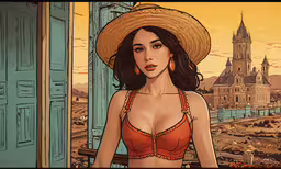 an artistic photo of a woman in a straw hat,an animated woman with large breasts standing outside