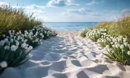 a row of green bushes with white flowers growing on top