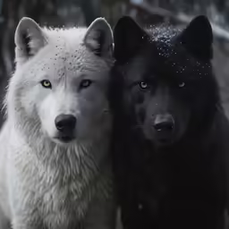two white and black wolfs are together in the snow