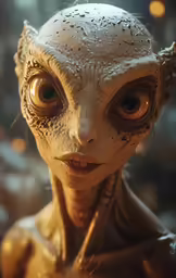 an alien woman with large, brown eyes