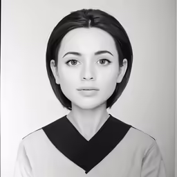 a black and white photo of a girl wearing a black and white top