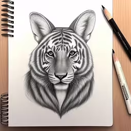 a tiger drawing on top of a notepad,a pencil drawing of a tiger