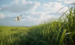 a bird is flying in the air above a field of grass