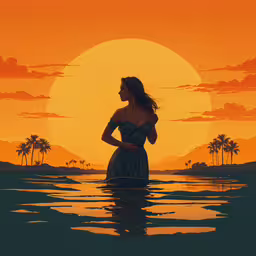 a beautiful woman standing in the water at sunset,a woman stands in the water while a sun goes down