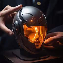 a helmet with glowing eyes sitting on a wooden table