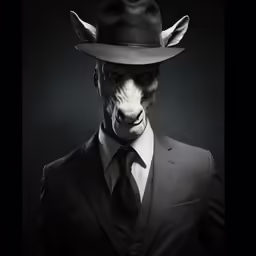 a dog in a suit and hat with horns on his head